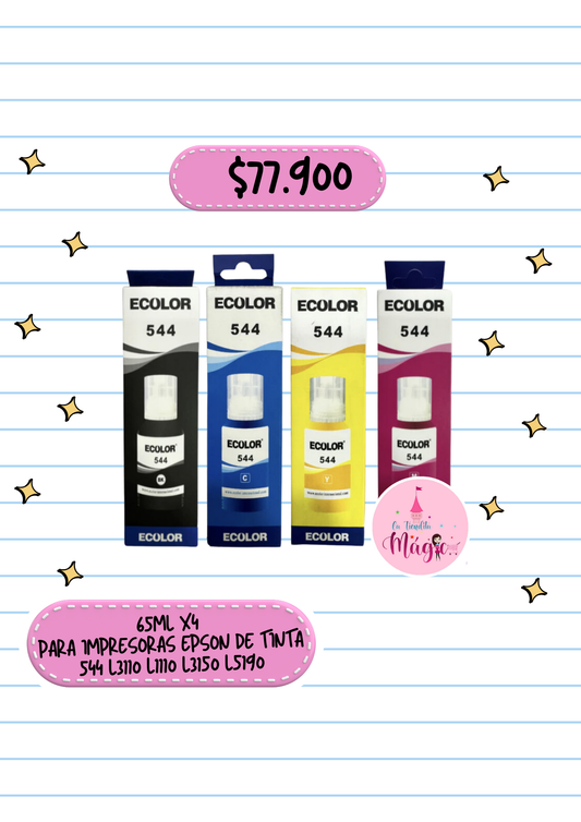 Juego De Tintas Ecolor 544 65ml X4 (negro, Amarillo, Azul Y Magenta). Para Impresoras Epson De Tinta 544 L3110 L1110 L3150 L5190