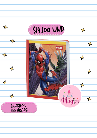 Cuaderno Cosido Scribe De Spiderman Cuadros 100 Hojas - Se Envia Un Motivo Aleatorio