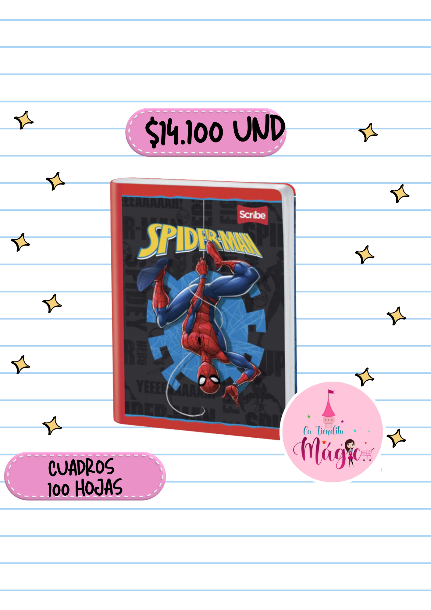 Cuaderno Cosido Scribe De Spiderman Cuadros 100 Hojas - Se Envia Un Motivo Aleatorio