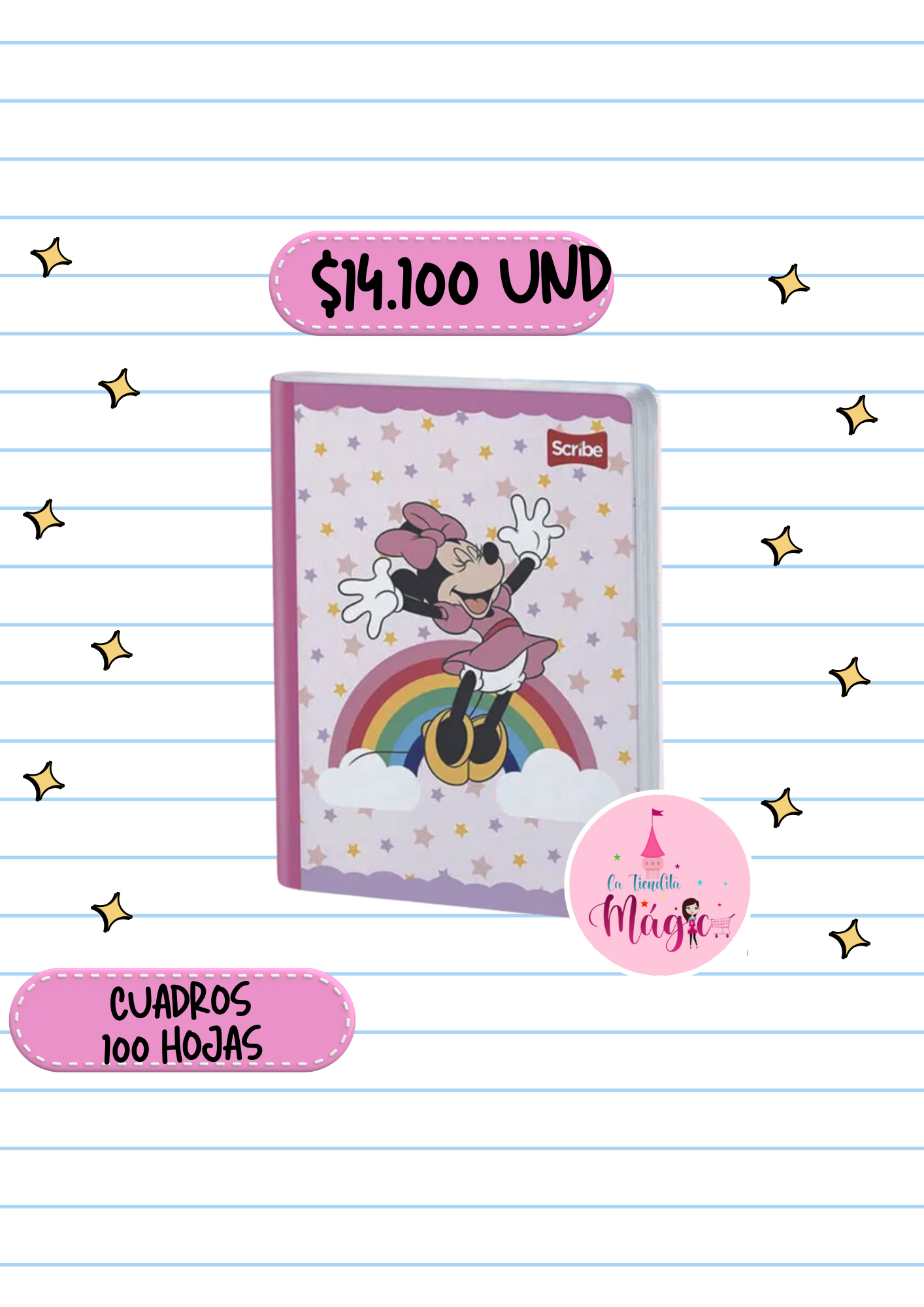 Cuaderno Cosido Scribe De Minnie Cuadros 100 Hojas - Se Envia Un Motivo Aleatorio