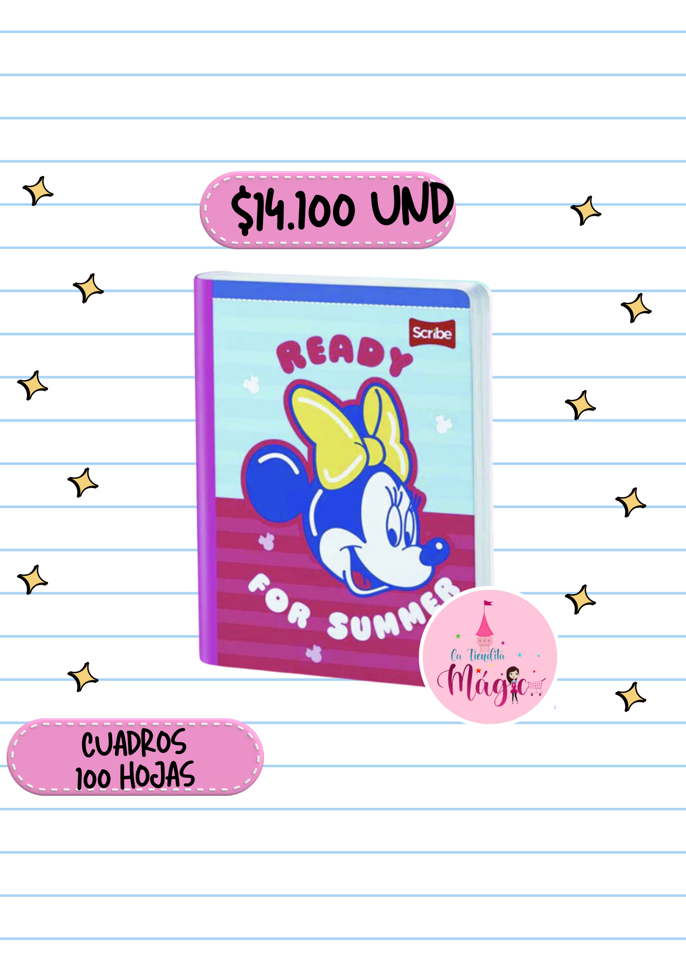 Cuaderno Cosido Scribe De Minnie Cuadros 100 Hojas - Se Envia Un Motivo Aleatorio