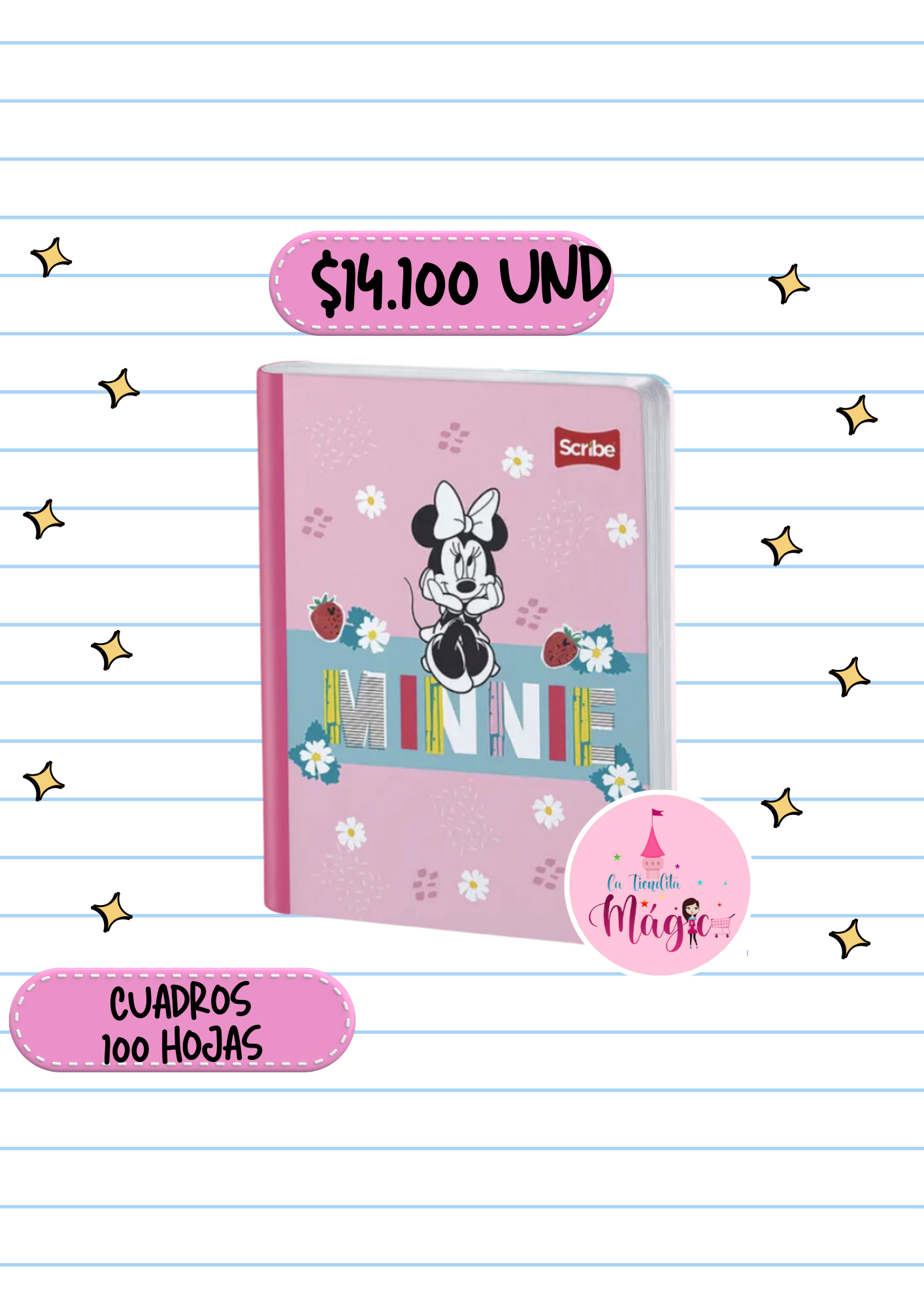 Cuaderno Cosido Scribe De Minnie Cuadros 100 Hojas - Se Envia Un Motivo Aleatorio