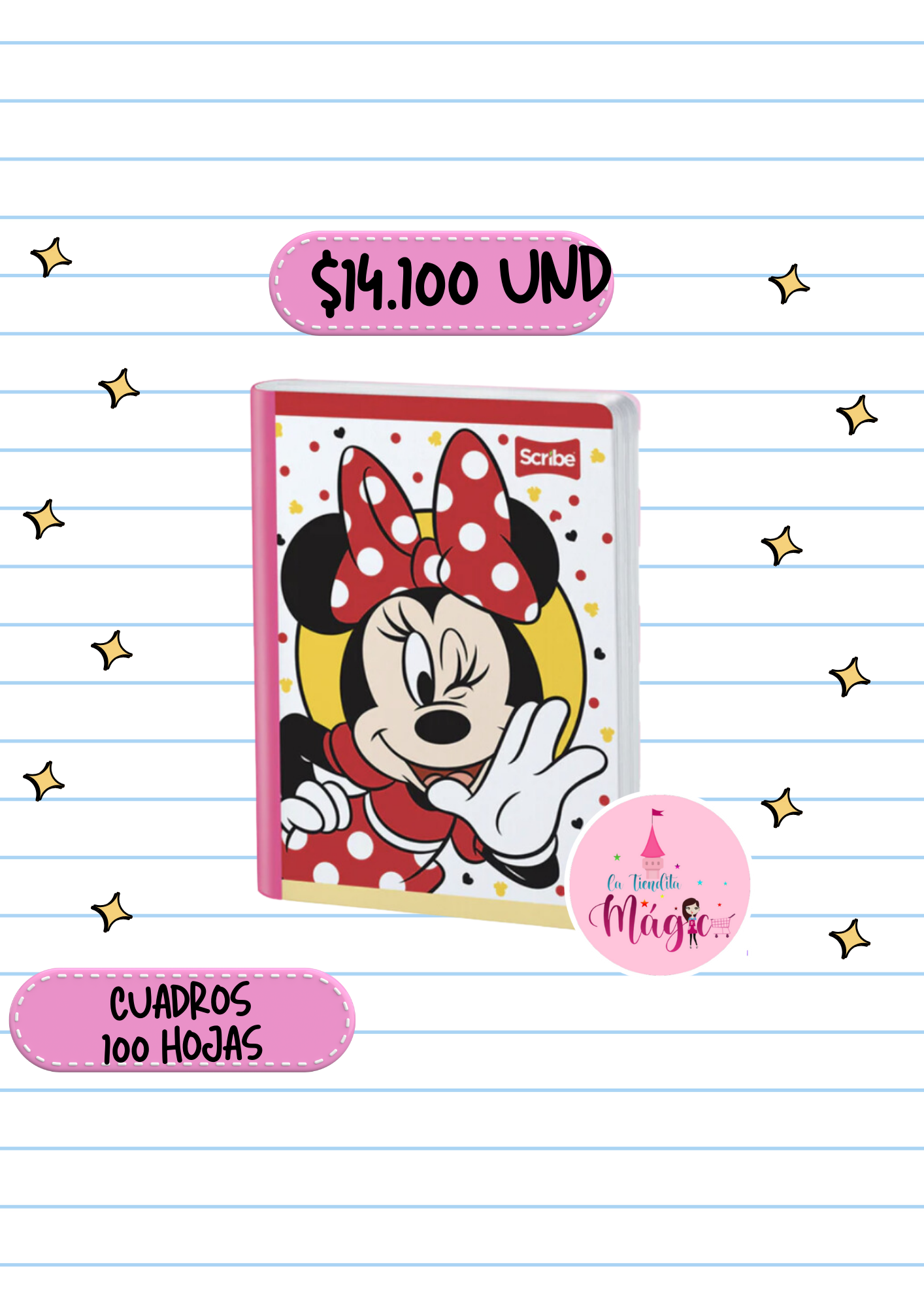 Cuaderno Cosido Scribe De Minnie Cuadros 100 Hojas - Se Envia Un Motivo Aleatorio