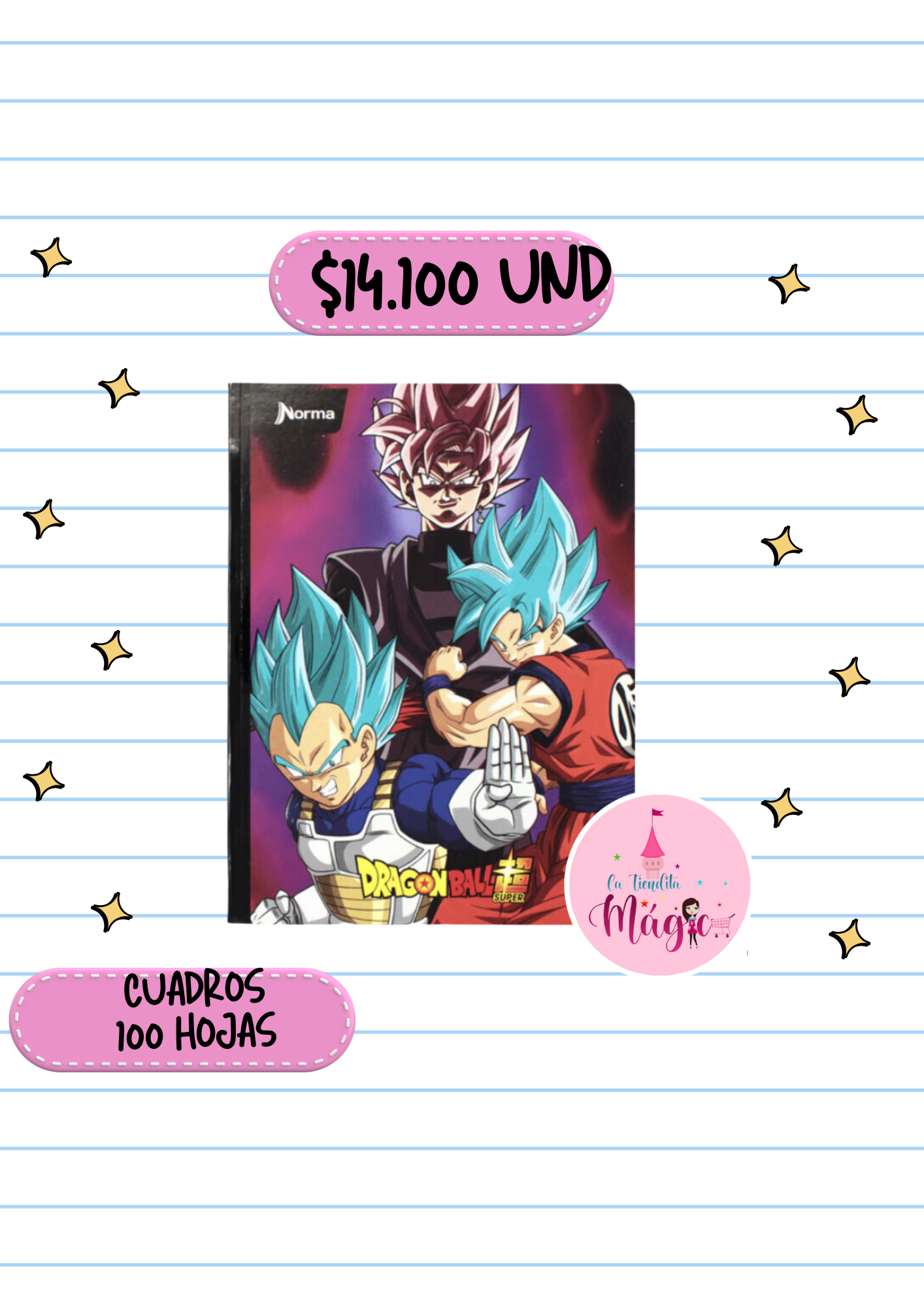 Cuaderno Cosido Norma De Dragonball Z Cuadros 100 Hojas - Se Envia Un Motivo Aleatorio