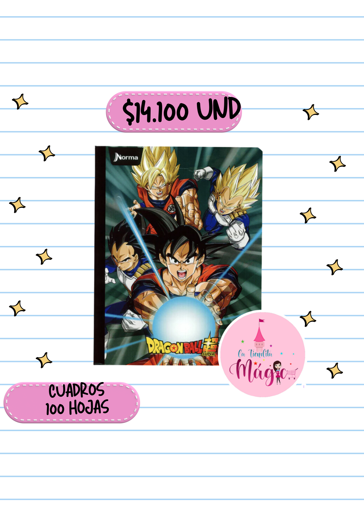 Cuaderno Cosido Norma De Dragonball Z Cuadros 100 Hojas - Se Envia Un Motivo Aleatorio