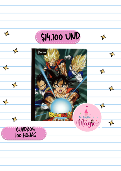 Cuaderno Cosido Norma De Dragonball Z Cuadros 100 Hojas - Se Envia Un Motivo Aleatorio