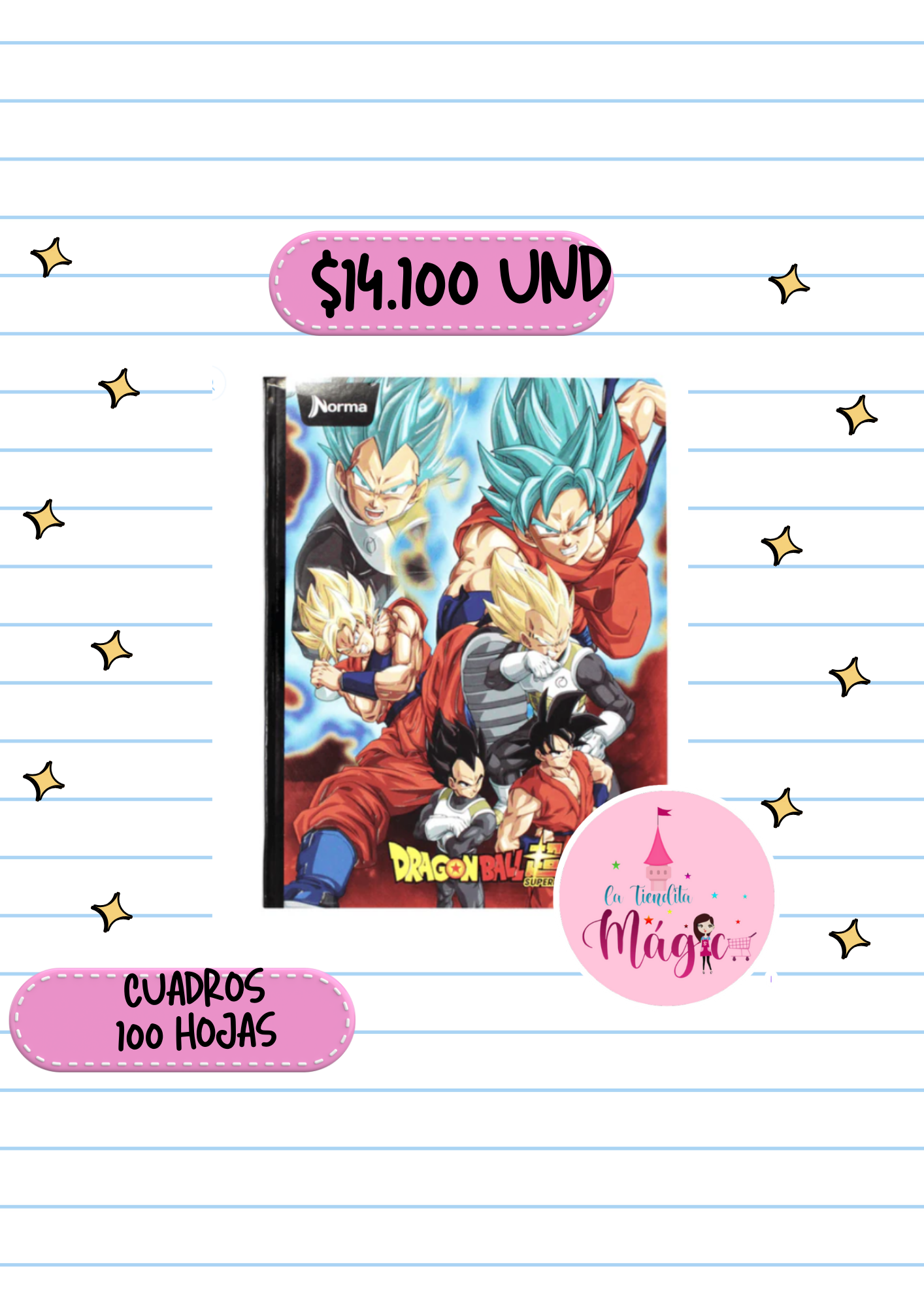 Cuaderno Cosido Norma De Dragonball Z Cuadros 100 Hojas - Se Envia Un Motivo Aleatorio