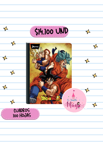 Cuaderno Cosido Norma De Dragonball Z Cuadros 100 Hojas - Se Envia Un Motivo Aleatorio