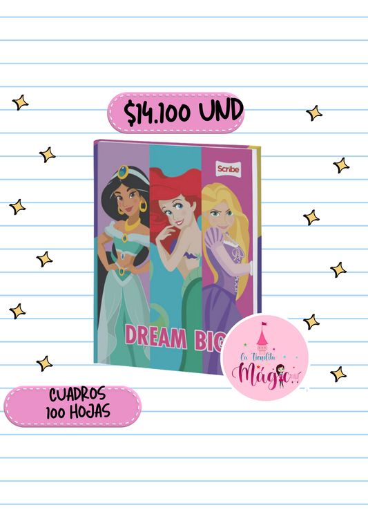 Cuaderno Cosido Scribe De Princesas De Disney Cuadros 100 Hojas - Se Envia Un Motivo Aleatorio