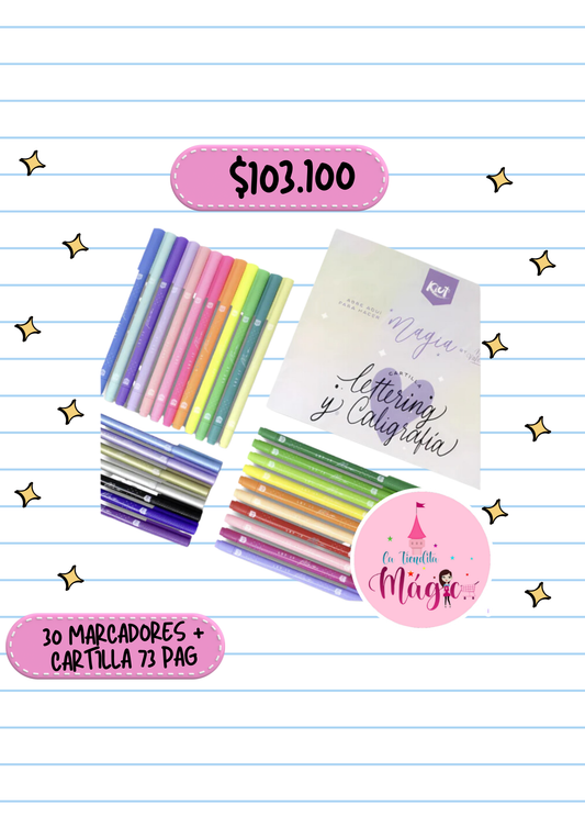 Kit De Aprendizaje Kiut Lettering 30 Marcadores + Cartilla Con Tips Y Ejercicios 4 Marcadores Neon Doblepunta 4 Marcadores Pastel Doblepunta 4 Marcadores Metalizados Doble Punta 18 Marcadores Surtidos Doble Punta (punta Pincel Y Punta Fina)