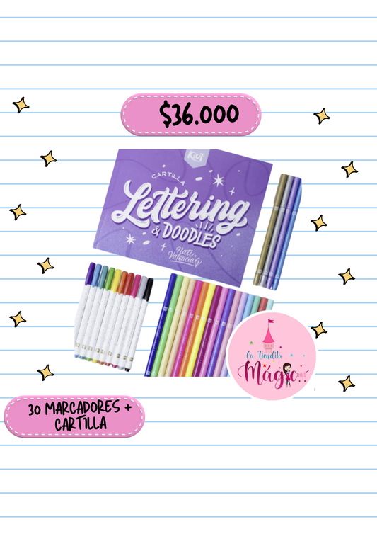 Kit Kiut Lettering Doodles Nati Valencia. Cartilla + 30 Marcadores