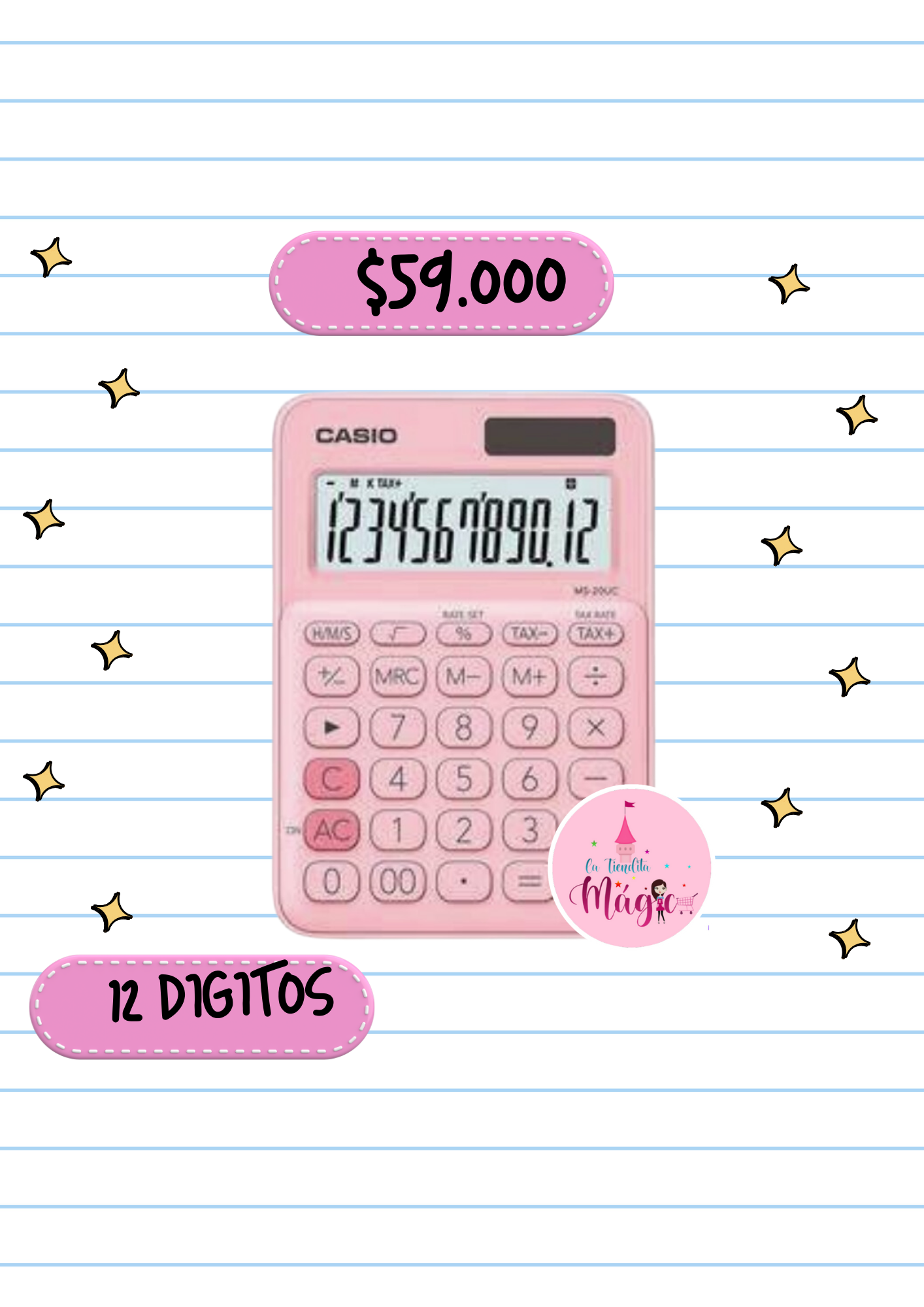 Calculadora Casio 12 Digitos Rosada Mediana Ms-20uc